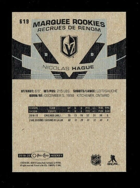 2019-20 Series 2 OPC Update Gold Border Marquee Rookies #619 Nicolas Hague