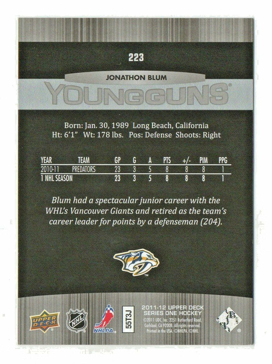 2011-12 Upper Deck Young Guns #223  - Jonathon Blum  #4 RC - Nashville Predators