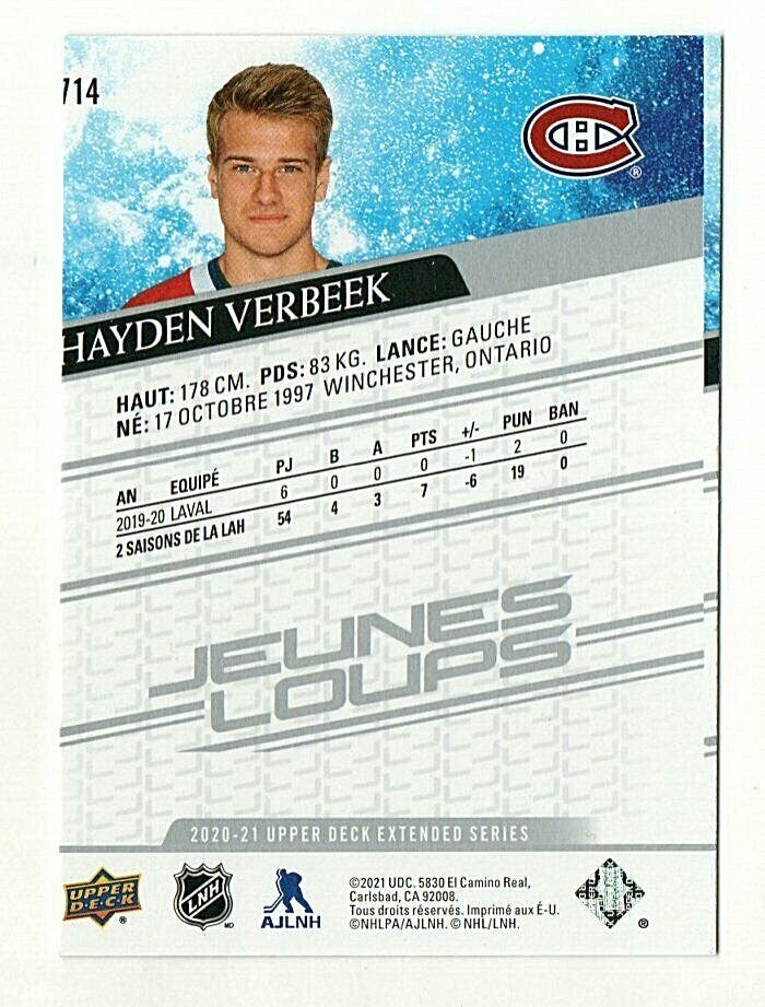 2020-21 UD EXTENDED SERIES YOUNG GUNS JEUNES LOUPS #714 HAYDEN VERBEEK  - READ