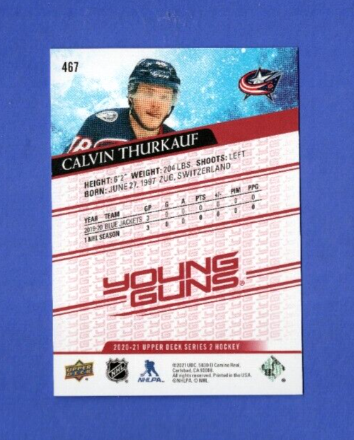 2020-21 Upper Deck Series 2 Young Guns  Exclusives #467 Calvin Thurkauf  009/100