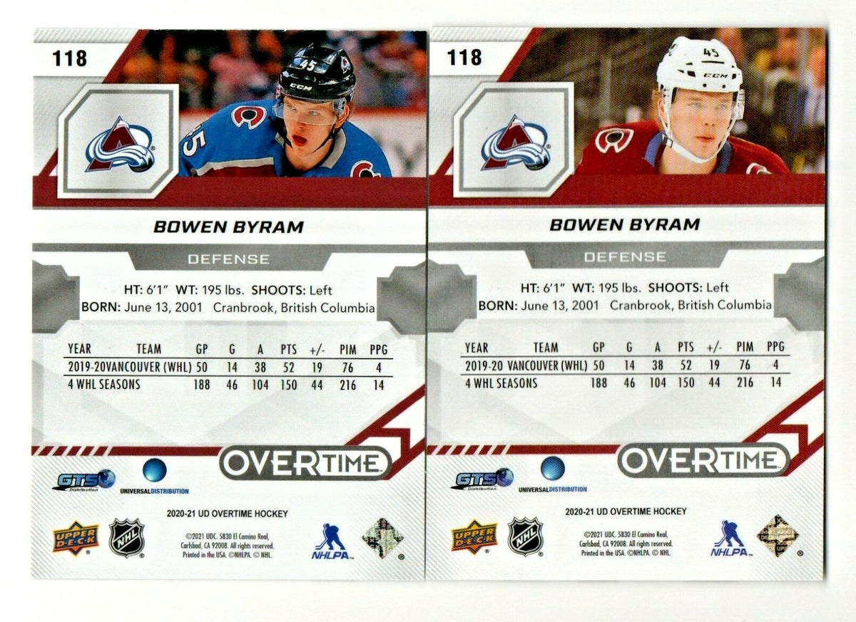 2020-21 UD OVERTIME WAVE 2 BOWEN BYRAM #118 ROOKIES RC PHOTO VARIATION Avalanche