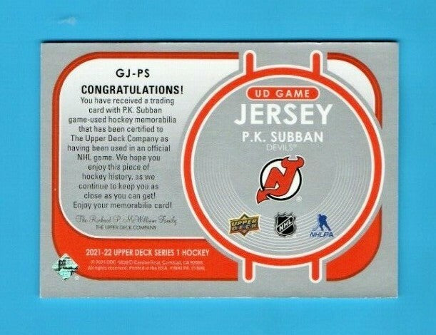 Upper Deck 2021-22 Series 1 UD Game Jersey (White) - P.K. Subban   #GJ-PS Devils
