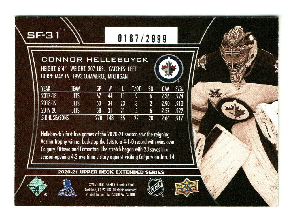 2020-21 UD Extended Series SPx FINITE Connor Hellebuyck  SF-31 - 0167/2999 -Jets