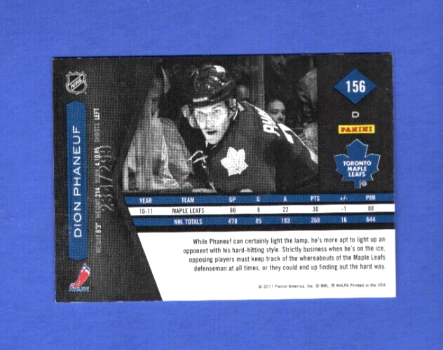 2011-12   Dion Phaneuf   #156  -  234/299 Panini Limited  -  Toronto Maple Leafs