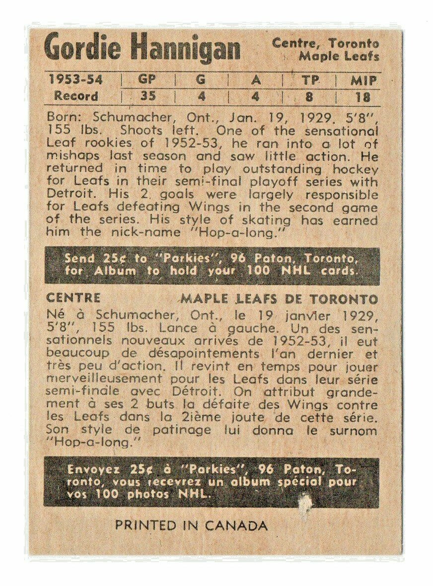 1954-55 PARKHURST #27 GORDIE HANNIGAN - Toronto Maple Leafs --  EX-EX+