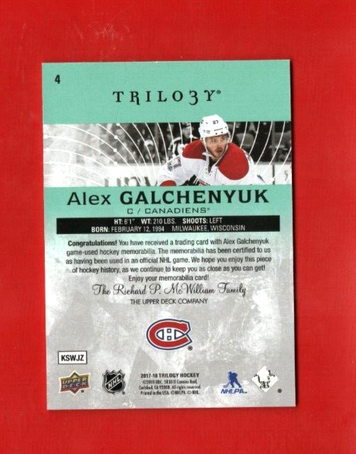 2017-18 Upper Deck UD Trilogy Jersey Relic #4 Alex Galchenyuk 146/204  Canadiens
