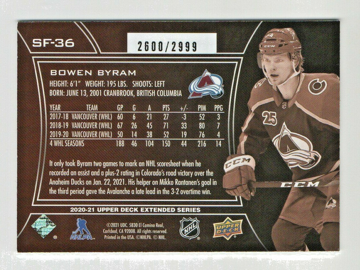 2020-21 Upper Deck Extended Series SPX FINITE RC Bowen Byram 2600/2999