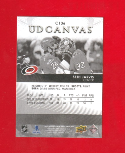2023-24 Upper Deck Series 2 UD Canvas Black & White SETH JARVIS #C136 Hurricanes