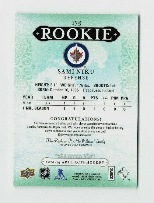 2018-19 UD Artifacts Materials Silver Jersey Rookie #175 Sami Niku 183/499 JETS