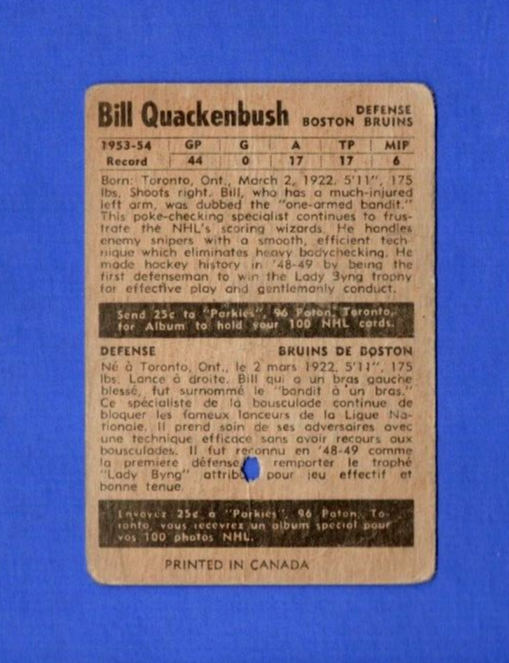 1954-55 Parkhurst  Bill Quackenbush  #51 Boston Bruins Creases-Punch Hole - Fair