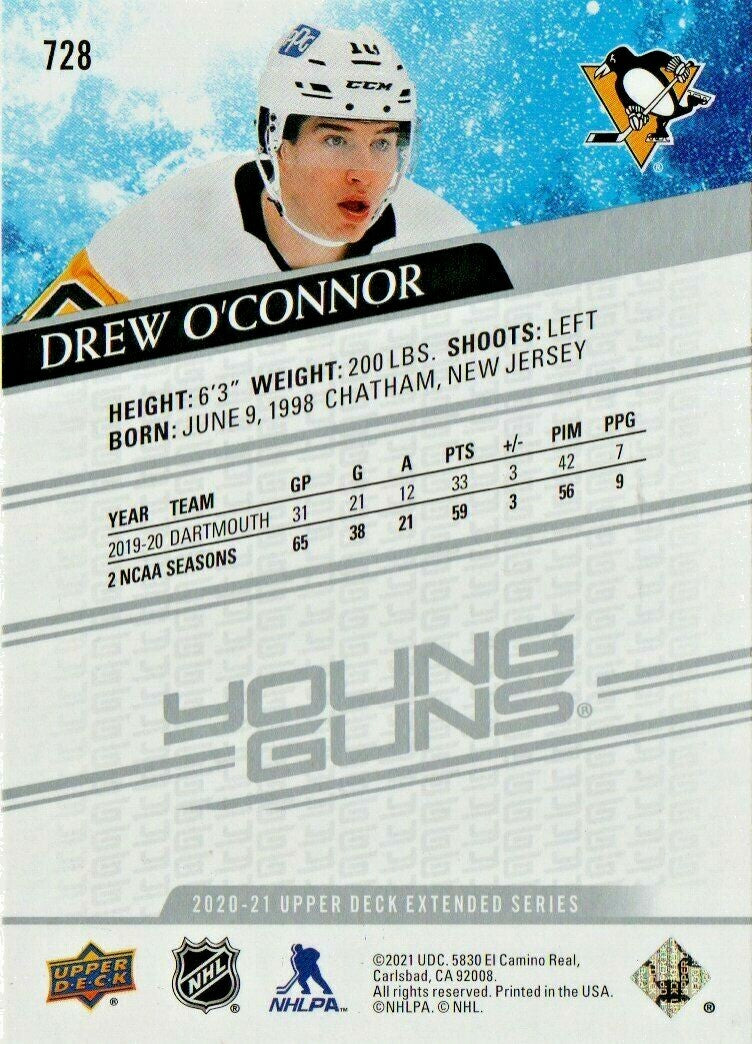 2020-21 Upper Deck #728 Drew O'Connor YG RC Penguins Young Guns Rookie  