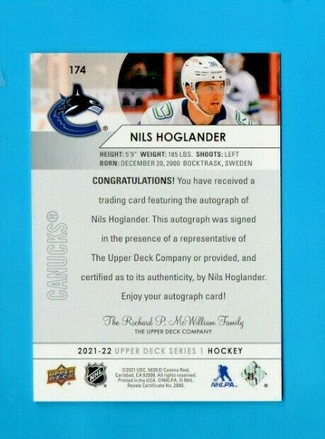 2021-22 UD Series 1 Base Auto #174  NILS HOGLANDER  Vancouver Canucks  -- RARE