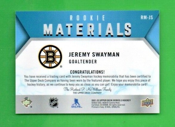 Jeremy Swayman 2021-22 UD Series 2 Rookie Materials BLACK  Jersey  -  RM-JS