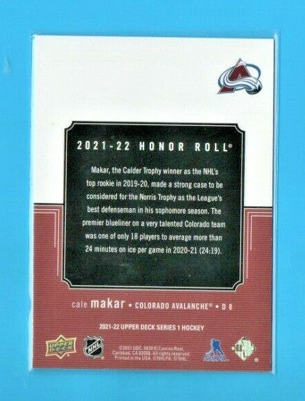 2021-22 Upper Deck Cale Makar Superstar Honor Roll 029/250 Rainbow