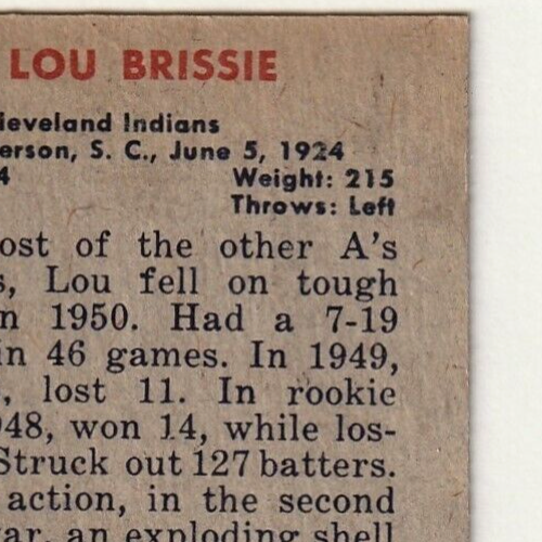 1951 Bowman  -  Lou Brissie   -  Cleveland Indians #155   EX-NRMT