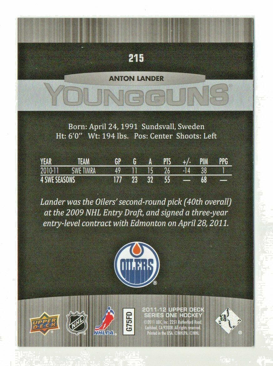2011-12 UD Upper Deck Anton Lander Young Guns YG Rookie RC #215 Edmonton Oilers 