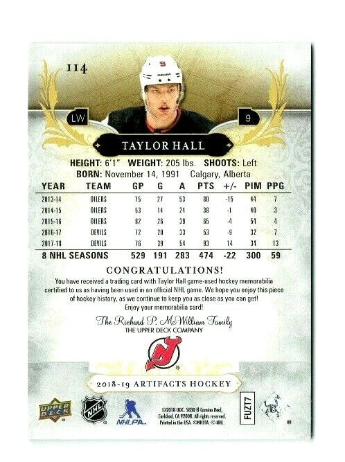 2018-19 UPPER DECK ARTIFACTS TAYLOR HALL  DUAL JERSEY  062/125 New Jersey Devils