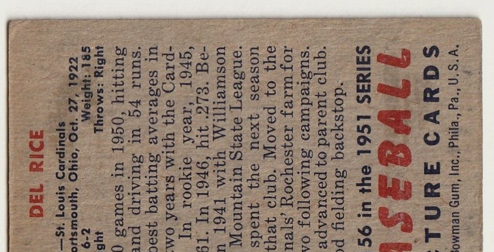 1951 Bowman  -  Del Rice   -  St. Louis Cardinals  #156   VG-EX.