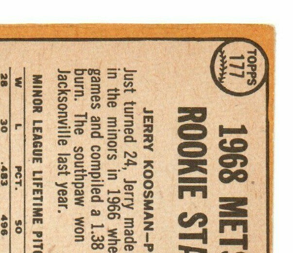 1968 TOPPS #177 NOLAN RYAN/JERRY KOOSMAN VG+ (RC) METS HOF 