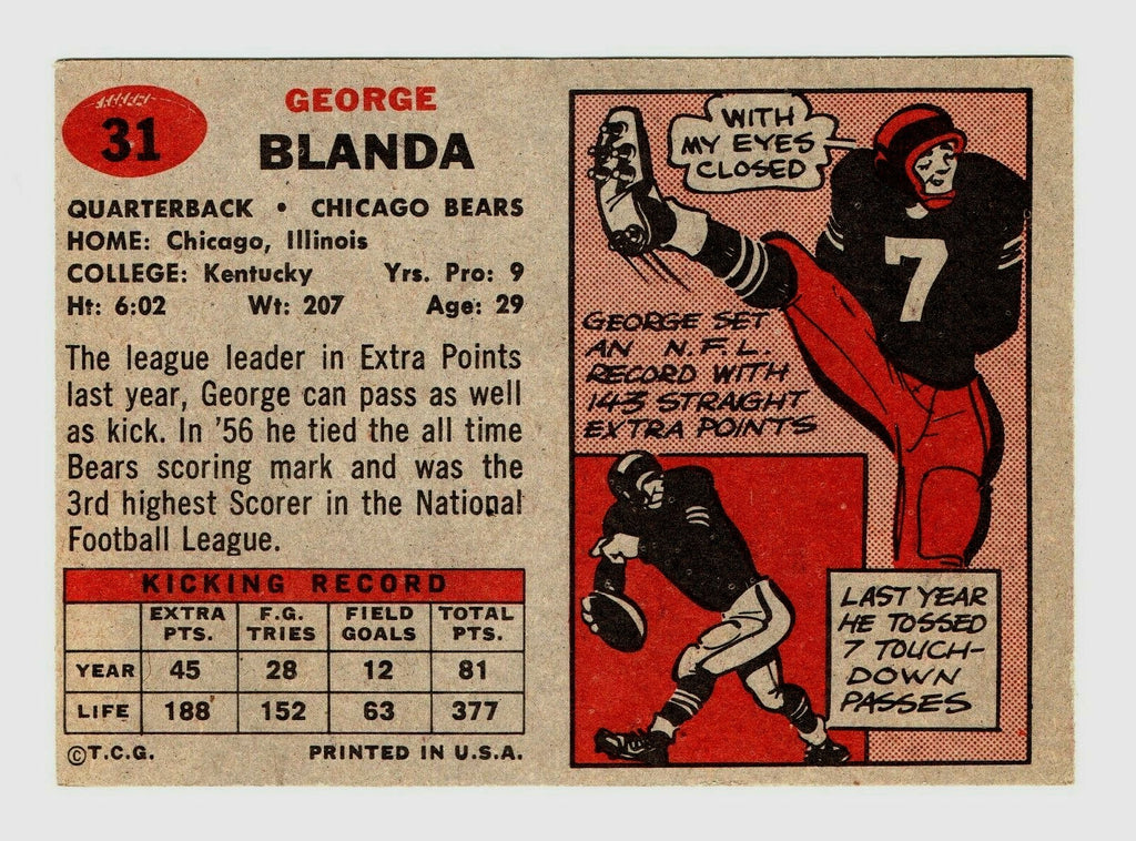 1957 TOPPS # 31   -   GEORGE BLANDA    -  CHICAGO BEARS   -  HOF   -    EX-NRMT