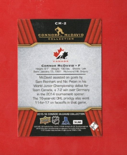 2015-16 CONNOR MCDAVID Rc Collection Card# CM-2 Edmonton Oilers Rookie