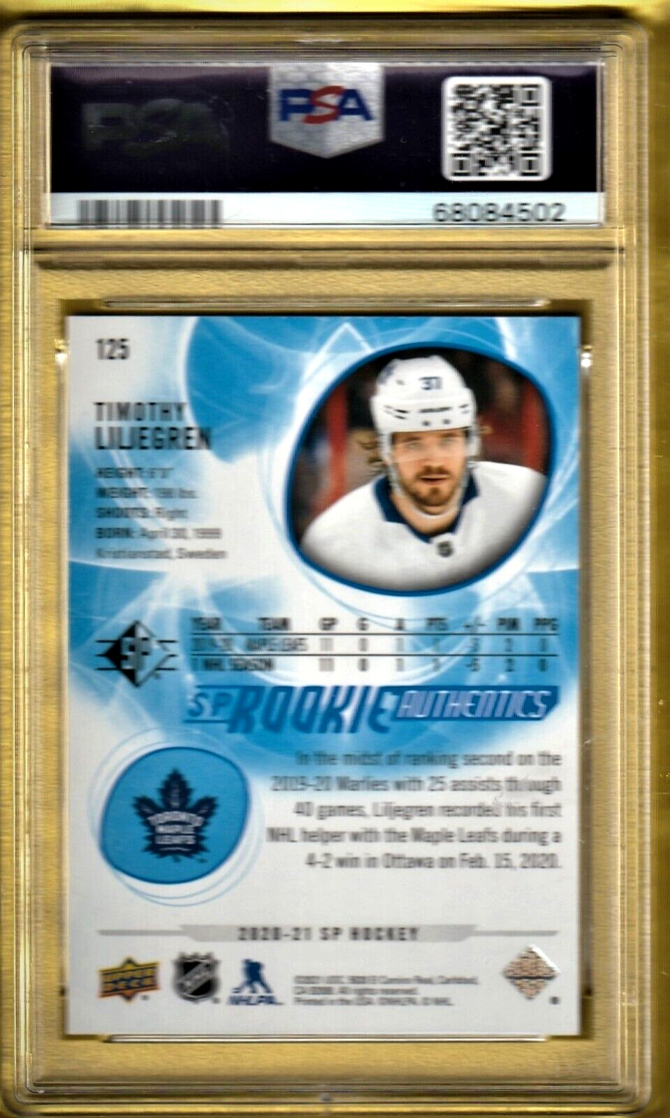 2020 SP Blue -Timothy Liljegren   -Toronto Maple Leafs  ROOKIE #125   PSA 9 MINT