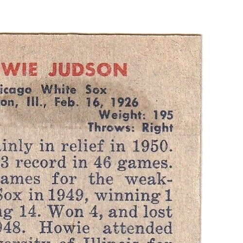 1951 Bowman  -  Howie Judson   -  Chicago White Sox #123   EX-NRMT