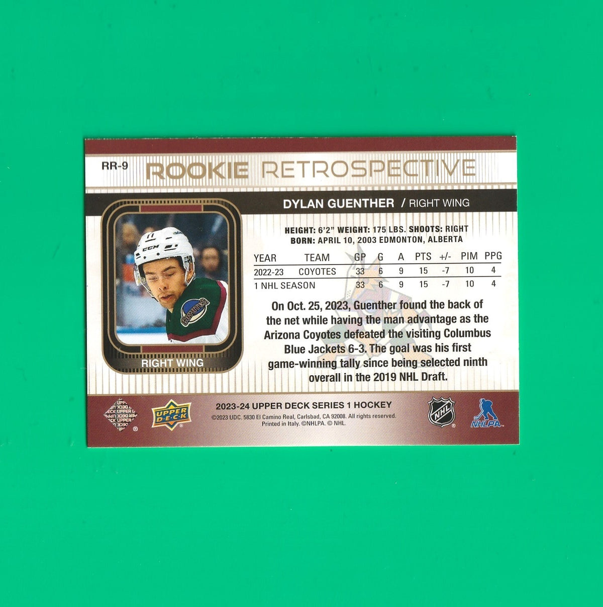 2023-24 Upper Deck Rookie Retrospective Gold #RR9 Dylan Guenther Arizona Coyotes