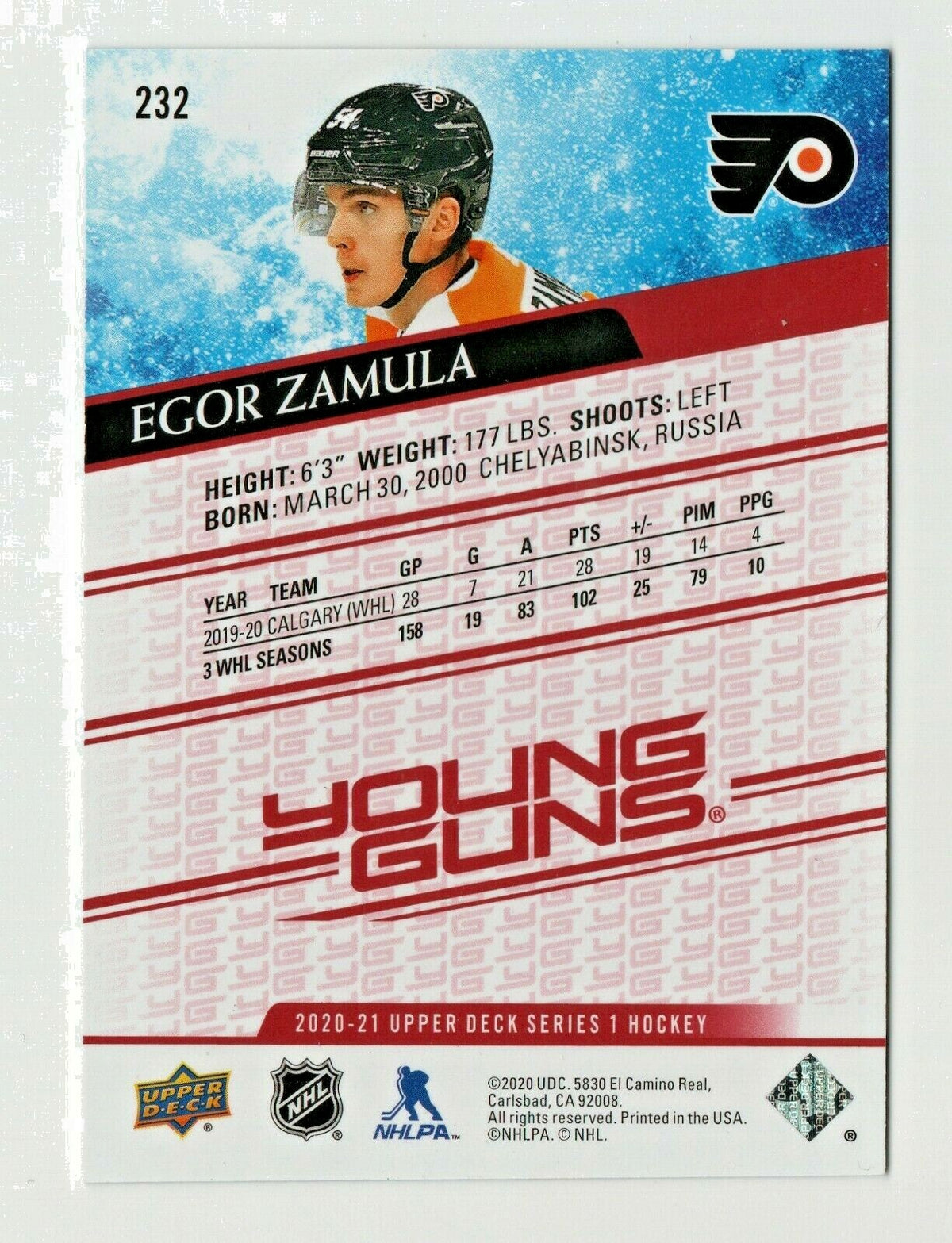 2020-21 Upper Deck Young Guns  Exclusives 074/100 Egor Zamula #232 Rookie Flyers