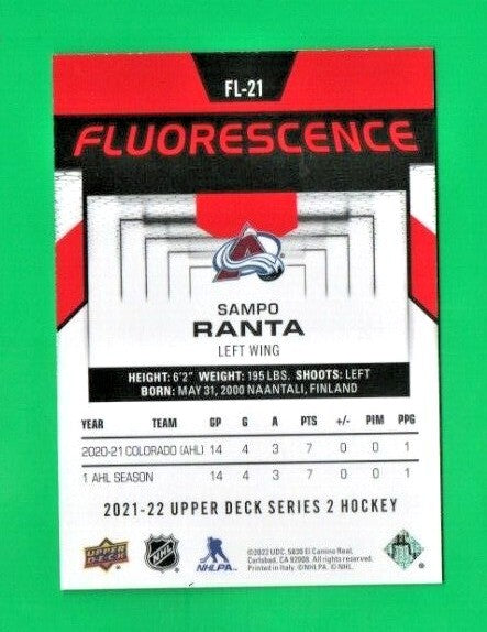 2021-22 UD Series 2 Hockey Sampo Ranta  Fluorescence   RED    FL-21 Avalanche