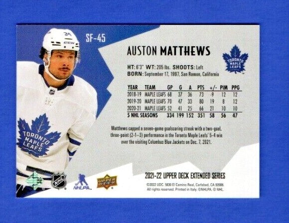 Auston Matthews  2021-22 UD Ext. SPxFinite Radiance Silver #SF-45    2563/2999