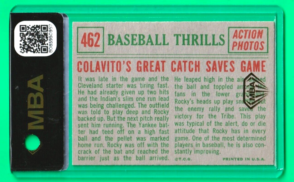 1959 Topps  -  Rocky Colavito  -  GREAT CATCH SAVES GAME #462  -  MBA AUTHENTIC