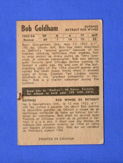 1954-55 Parkhurst Set-Break # 39 Bob Goldham  -  Detroit Red Wings with Sawchuk