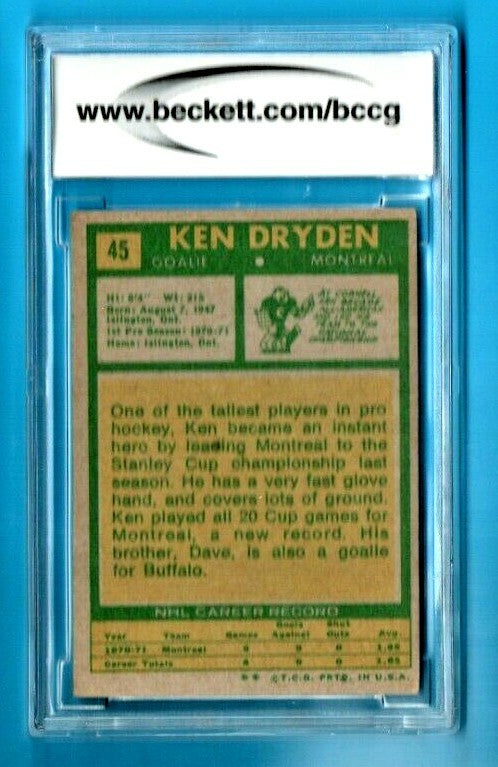 1971-72 Ken Dryden Rookie Card #45 Topps  - BCCG 8 Excellent or Better
