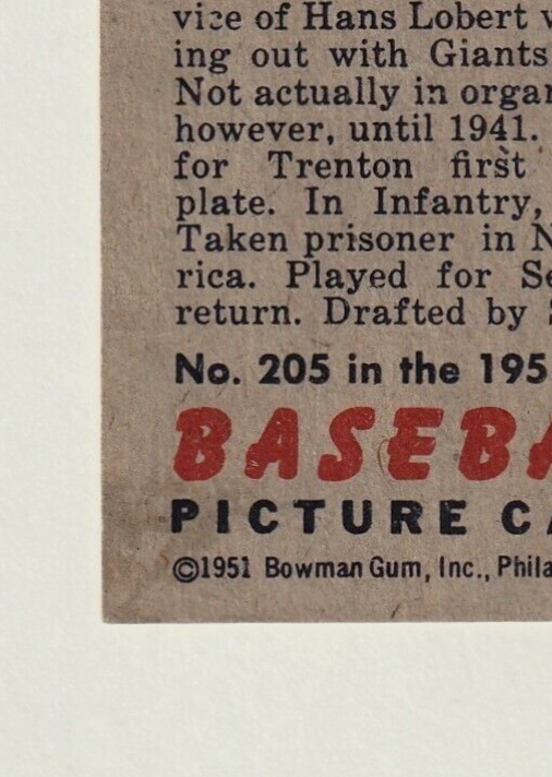 1951 Bowman #205:  -  MICKEY GRASSO   -   "Washington Senators"  NRMT-MT