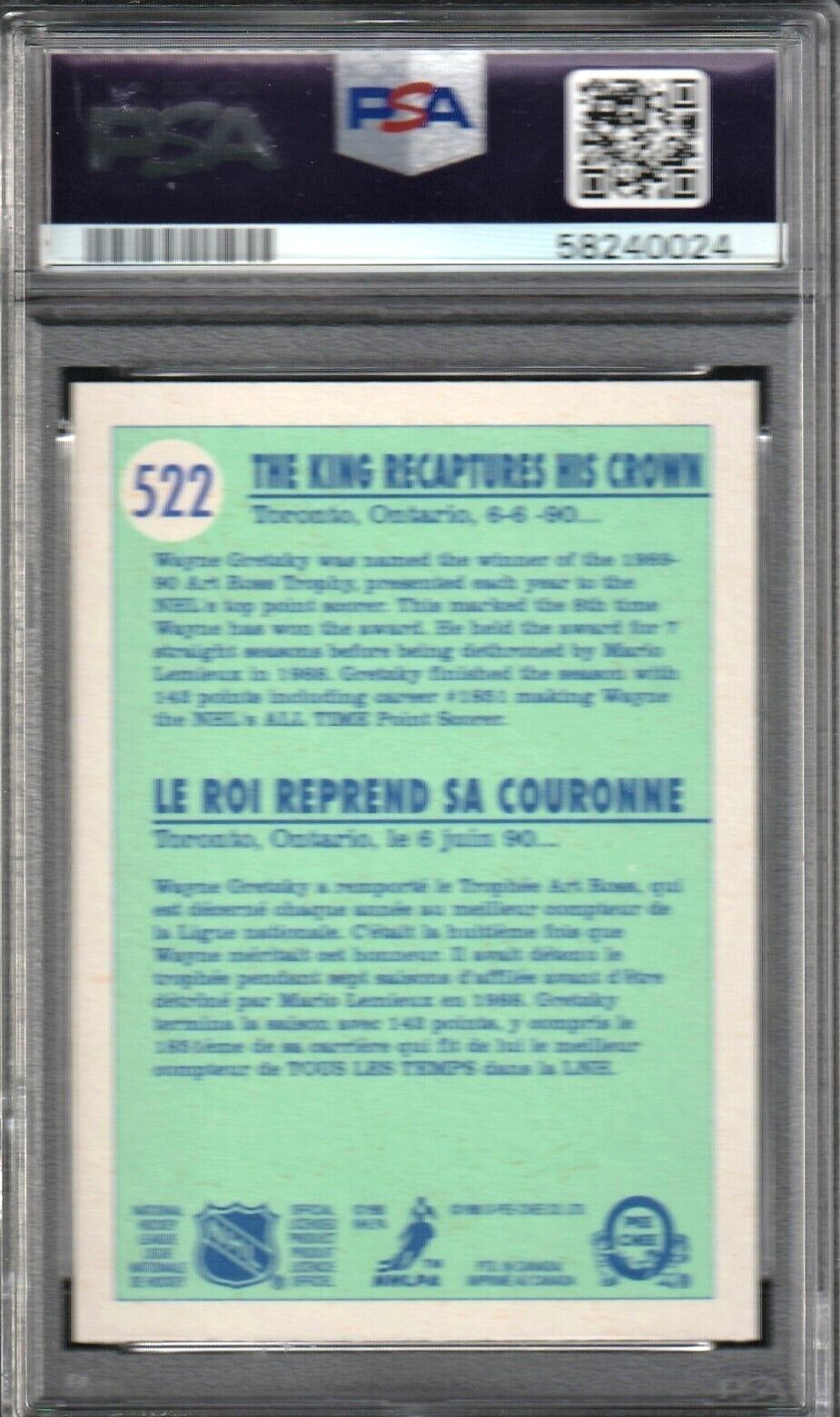 1990 O-Pee-Chee Hockey  -  Wayne Gretzky   -  ART ROSS TROPHY  #522 - PSA 9 MINT