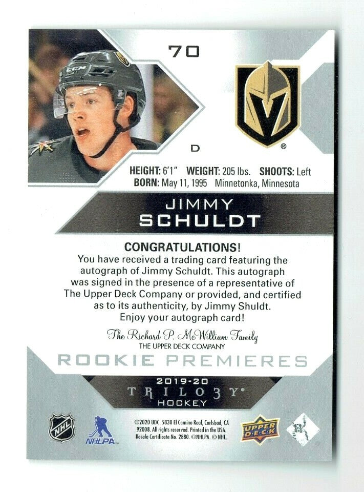 2019-20 Upper Deck Trilogy Rookie Premieres Silver 70 Jimmy Schuldt Auto 310/399