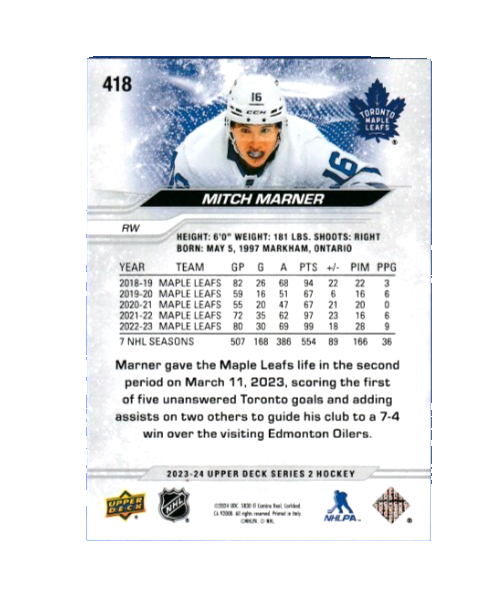 2023-24 UD Series 2 - MITCH MARNER   Outburst Silver #418  - Toronto Maple Leafs