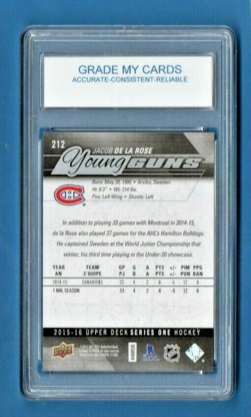 2015-16 UD YOUNG GUNS  ROOKIE CARD #212 JACOB DE LA ROSE PSA 10  GEM-MINT