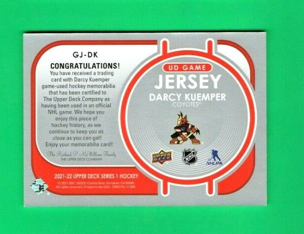 2021-22 Series 1 Game Jersey Relic #GJ-DK Darcy Kuemper  Arizona Coyotes - Black