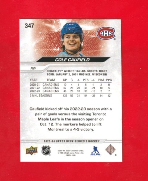 COLE CAUFIELD -  2023-24 UD Series 2 # 347  Silver Outburst - Montreal Canadiens