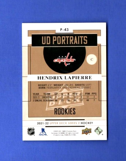 2021-22 Upper Dek Series 2 Rookies Portraits Gold Hendrix Lapierre P-43 RC 21/99
