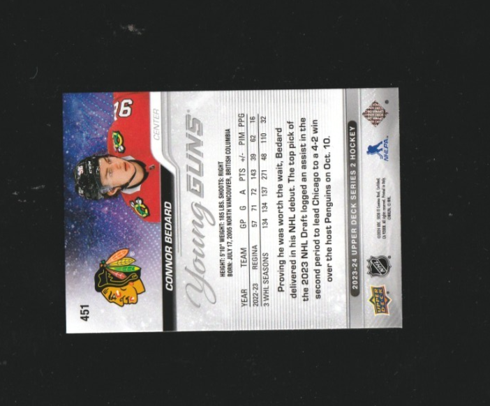 2023-24 Upper Deck Series 2 Connor Bedard #451 Young Guns RC  Chicago Blackhawks