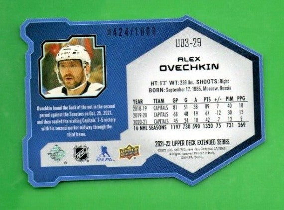 Alex Ovechkin 2021-22 Upper Deck Extended UD3 SILVER 0424/1000 Capitals  #UD3-29