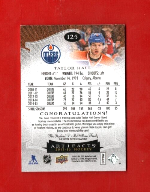 2015-16 Upper Deck Artifacts Taylor Hall Jersey Card #125  -  046/125   Edmonton