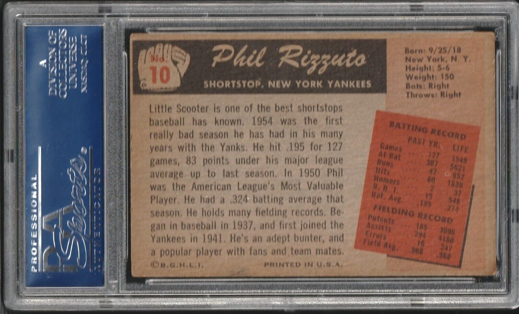 1955 Bowman #10  -  Phil Rizzuto   -  Yankees  -  HALL-OF-FAME PSA 4.5 - VG/EX+