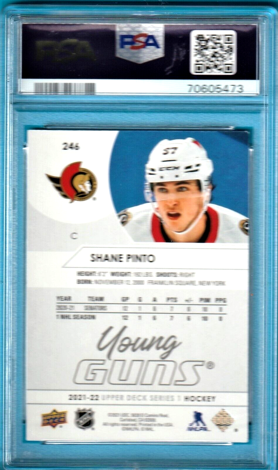 2021 Upper Deck Young Guns  -  Shane Pinto  -  Sens  ROOKIE #246  - PSA 7 NRMT