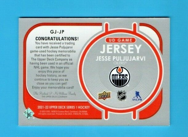 #GJ-JP Jesse Puljujarvi UD Game Jersey - Blue  Patch - 2021-22 Series 1 Edmonton