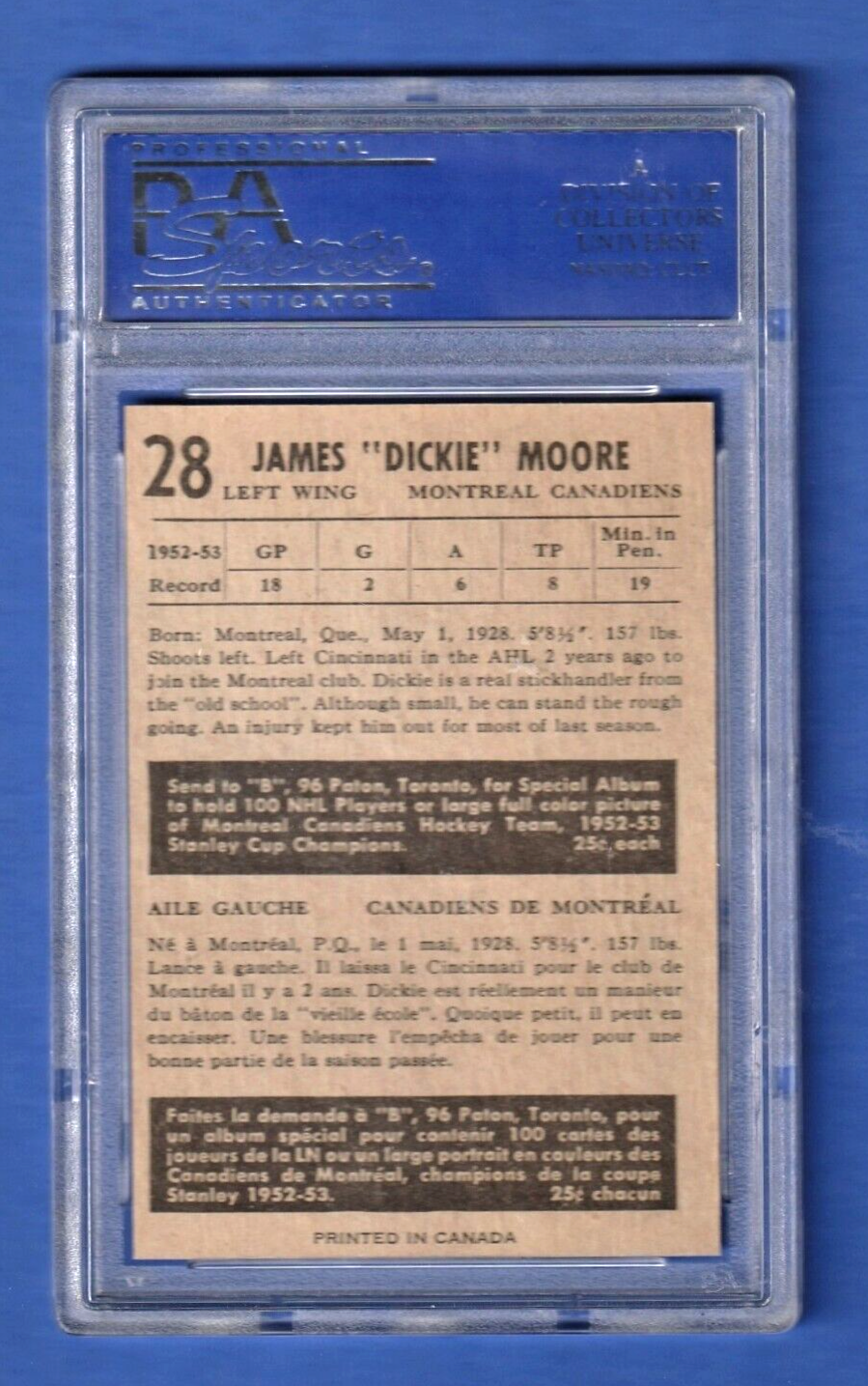 1953 Parkhurst  -  Dickie Moore  -  Error  -  Jean Beliveau  #28 PSA 8 NM MT