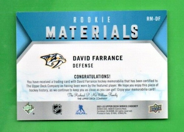 David Farrance 2021-22 UD Series 2 Rookie Materials BLACK  Jersey  -  RM-DF